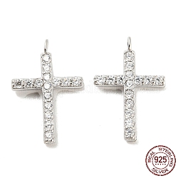925 Sterling Silver Micro Pave Cubic Zirconia Charms, Cross, Real Platinum Plated, 14x9x1.5mm, Hole: 1mm
