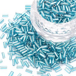 Perles de bugle en verre plaqué, couleurs métalliques, bleu ciel, 4x2mm, Trou: 1mm, environ 14000 pcs / livre