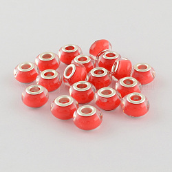 Large Hole Acrylic European Beads, with Silver Color Plated Brass Double Cores, Rondelle, Red, 14x9mm, Hole: 5mm