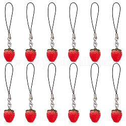 Adorable dragonne en nylon avec décoration de fraises, décoration pendentif téléphone portable pour femme fille, rouge, 9.5~10 cm, 12 pièces / kit