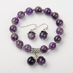 Amethyst Jewelry Sets, Bracelets & Earrings, with Brass Spacer Beads and Brass Hooks, 55mm inner diameter, 27mm
