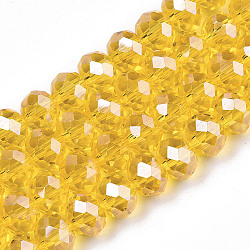 Chapelets de perles en verre électroplaqué, perle plaquée lustre, facette, rondelle, jaune, 6x5mm, Trou: 1mm, Environ 85~88 pcs/chapelet, 16.1~16.5 pouce (41~42 cm)