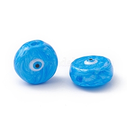 Perles en verre, avec l'émail, plat rond avec motif mauvais œil, bleu profond du ciel, 14~14.5x9mm, Trou: 1.2mm