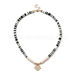 Colliers pendentif perles en pâte polymère heishi, avec fermoirs mousquetons en 304 acier inoxydable, pendentif et perles en laiton, plat rond, or, noir, 17.83 pouce (45.3 cm)