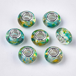 Resin European Beads, Large Hole Beads, with Silver Color Plated Brass Cores, Rondelle, Colorful, 14x8.5~9mm, Hole: 5mm