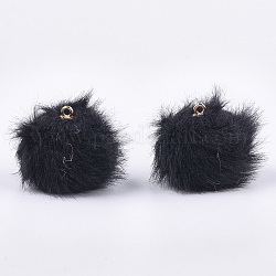 Handmade Plush Cloth Fabric Covered Pendants, with CCB Plastic Findings, Pom Pom Ball, Round, Golden, Black, 21x18mm, Hole: 1.5mm