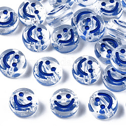 Perles en acrylique transparente, trou horizontal, avec poudre scintillante et émail, plat rond avec le visage de sourire, bleu minuit, 10x5mm, Trou: 2mm, environ 1600 pcs/500 g