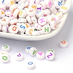 Perles de trou horizontales acryliques initiales, mélange de lettres, plat rond, blanc, 7x4mm, Trou: 1.3mm, environ 350 pcs/50 g