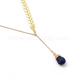 Brass Lariat Necklaces, with Teardrop Natural Lapis Lazuli, Cobs Chains & Cable Chains, Golden, 19.49 inch(49.5cm)