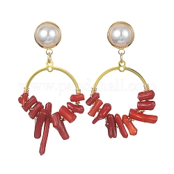 Boucles d'oreilles pendantes en corail synthétique teint, colonne irrégulière, perles, boucles d'oreilles longues en laiton pour femmes, or, 50~58x29~31mm