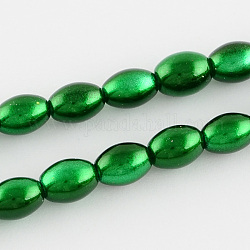 Spray Painted Rice Shape Glass Beads Strands, Green, 11x8mm, Hole: 1.5mm, about 76pcs/strand, 30.5inch
