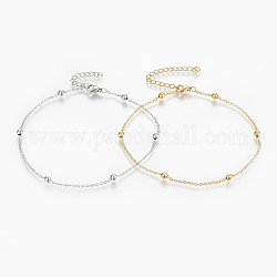 304 Stainless Steel Anklets, with Lobster Claw Clasps, Round Beads and Cable Chains, Mixed Color, 9 inch(230mm), 1.5mm