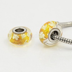 Glass European Beads, Large Hole Beads, with Platinum Color Brass Double Cores, Rondelle with Pattern, Gold, 14~14.5x8mm, Hole: 5mm