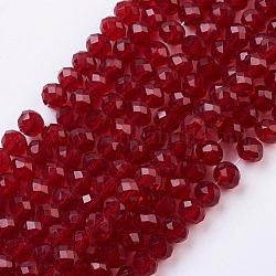 Transparent Glass Bead Strands, Faceted, Rondelle, Dark Red, 4x3mm, Hole: 1mm, about 140~145pcs/strand, 17 inch