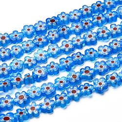 Chapelets de perle de millefiori en verre manuelles, fleur, bleu profond du ciel, 4~7.2x2.6mm, Trou: 1mm, Environ 60~69 pcs/chapelet, 16 pouce (40 cm)