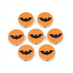 Perline di legno naturale stampate halloween, tondo piatto con motivo pipistrello, arancione scuro, 19~20x5.9mm, Foro: 2~2.2 mm