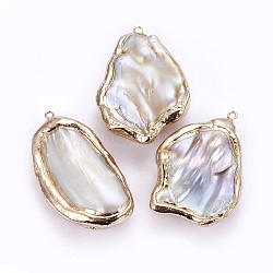 Galvanoplastie perle baroque naturelle gros pendentifs perle keshi, perle de culture d'eau douce, avec les accessoires en laiton, pépites, or, 37~58x27~42x12~14mm, Trou: 1.8mm