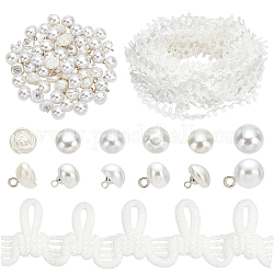 Kit di accessori ornamentali pandahall elite, compresi bottoni con gambo in resina e plastica imitazione perla, con cordino elastico in poliestere con passanti, bianco