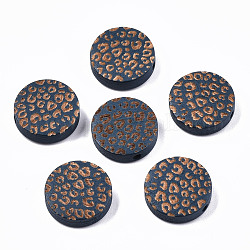 Perle di legno naturale verniciate, motivo inciso al laser, piatta e rotonda con stampa leopardo, Blue Marine, 15x4.5mm, Foro: 1.5 mm