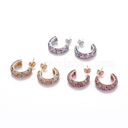 Brass Micro Pave Cubic Zirconia Stud Earrings, Half Hoop Earrings, with Brass Ear Nuts, Ring, Colorful, Mixed Color, 18x5mm, Pin: 0.7mm