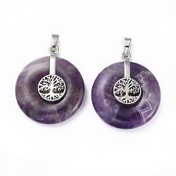 Natural Amethyst Pendants, with Platinum Tone Brass Findings, Donut/Pi Disc with Tree of Life, 35.5x30x8.5~9.5mm, Hole: 4.5x6.5mm