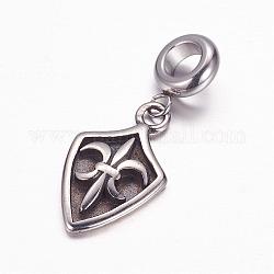 304 Stainless Steel European Dangle Charms, Large Hole Pendants, Shield, Antique Silver, 33mm, Hole: 5mm, Pendant: 22x13x3mm