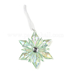 Christmas Transparent Plastic Pendant Decoration, for Christma Tree Hanging Decoration, with Iron Ring and Net Gauze Cord, Pale Green, Snowflake, 195mm, Snowflake: 98x118x13.8mm