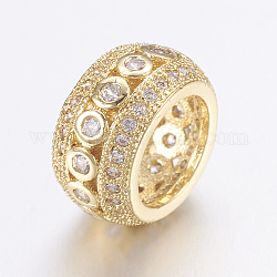 Messing Mikro ebnen Zirkonia Perlen, langlebig plattiert, Großloch perlen, Rondell, Transparent, echtes 18k vergoldet, 11x6 mm, Bohrung: 7.5 mm