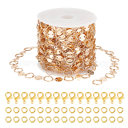 Nbeads diy браслет-цепочка, набор для изготовления ожерелья, включая латунные плоские круглые и кольцевые цепи, Карабин-лобстер из цинкового сплава, Перейти латунные, золотые, цепь: 5 м / коробка