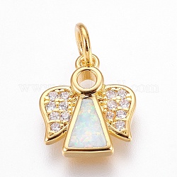 Brass Cubic Zirconia Pendants, with Synthetic Opal, Angel, Golden, White, 14.5x12x2.5mm, Hole: 4mm