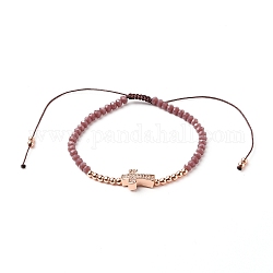Adjustable Nylon Cord Braided Bead Bracelet, with Glass Seed Beads and Brass Micro Pave Clear Cubic Zirconia Cross Beads, Old Rose, Inner Diameter: 2-1/4~ 4-1/8 inch (5.6~10.5cm)