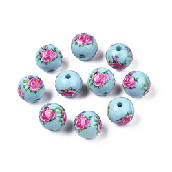 Perles opaques faits à la main en acrylique de fleurs imprimées, ronde, cyan clair, 9x9.5mm, Trou: 1.8mm