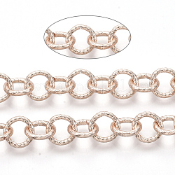 Iron Rolo Chains, Belcher Chain, Unwelded, with Spool, Textured, Rose Gold, Link: 9x1.5mm, about 39.37 Feet(12m)/roll