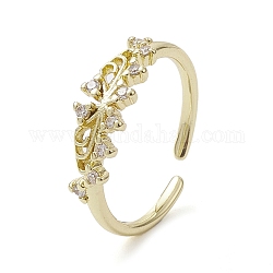 Rack Plating Brass Micro Pave Cubic Zirconia Open Cuff Ring, Flower, Real 18K Gold Plated, US Size 7 1/4(17.5mm)