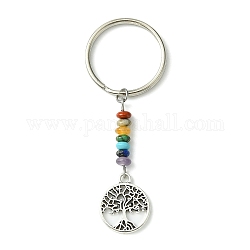 Porte-clés pendentif arbre de vie en alliage, avec perle de pierre précieuse chakra et porte-clés fendus en fer, plat rond, 6.7 cm, pendentif: 18x15x1.5 mm