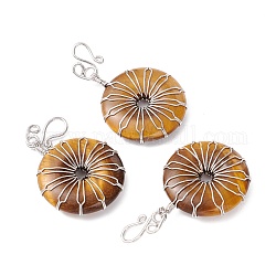 Natural Tiger Eye Big Pendants, with Platinum Plated Brass Wires Wrapped, Flat Round, 50~53.5x30~31x7.5mm, Hole: 7.55mm