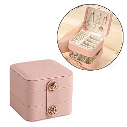 Caja organizadora de juego de joyas de cuero PU cuadrada de 2 nivel, joyero de viaje portátil para pendientes, anillos, collares, rosa, 9.5x9.5x8 cm