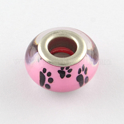 Large Hole Dog Paw Prints Pattern Resin European Beads, with Silver Color Plated Brass Double Cores, Rondelle, Hot Pink, 14x9~10mm, Hole: 5mm