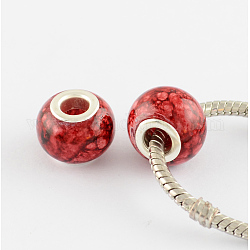 Spray Painted Glass European Beads, with Silver Brass Core, Large Hole Beads, Rondelle, Crimson, 14~15x11mm, Hole: 4.5~5mm