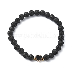 Bracelets de perles rondes en pierre de lave naturelle, avec coeur en alliage émaillé pour femme, diamètre intérieur: 2-1/8 pouce (5.4 cm)