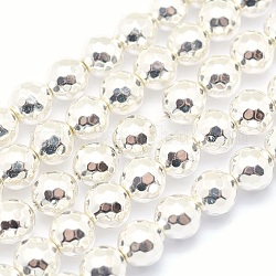 Electroplate Non-magnetic Synthetic Hematite Beads Strands, Grade AAA, Long-Lasting Plated, Faceted, Round, Silver Plated, 6mm, Hole: 1mm, about 63pcs/strand, 15.5 inch(39cm)