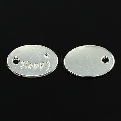 Alloy Charms Pendants, Flat Oval Carved Word Happy, Silver, 14x10x1mm, Hole: 1mm