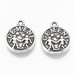 Tibetan Style Alloy Charms, Flat Round with Constellation, Cadmium Free & Lead Free,, Gemini, 14.5x12x2mm, Hole: 1.4mm, about 920pcs/1000g