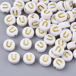 Plating Acrylic Beads, Golden Metal Enlaced, Horizontal Hole, Flat Round with Alphabet, White, Letter.U, 7x3.5mm, Hole: 1.2mm, about 360pcs/50g