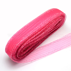 Mesh Ribbon, Plastic Net Thread Cord, with Silver Metallic Cord, Deep Pink, 7cm, 25yards/bundle