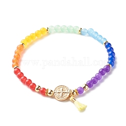 Reiki 7 chakra perles rondes en pierre mélangée naturelle bracelet extensible pour fille femmes, bracelet charms rond plat avec croix et pompon, colorées, diamètre intérieur: 2-1/8 pouce (5.5 cm)