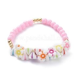 Bracelets extensibles pour enfants, avec des perles acryliques et des perles en laiton plaqué or, fleur, colorées, diamètre intérieur: 2-1/4 pouce (5.7 cm)