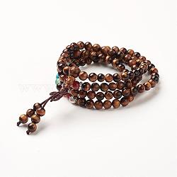 Yoga Chakra Jewelry, Natural Tiger Eye Beads Wrap Bracelets, Four Loops, with Alloy Findings, 29.4 inch(74.8cm)