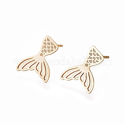 Brass Ear Studs, Fish Tail, Long-Lasting Plated, Nickel Free, Real 18K Gold Plated, 15x10.5x0.2mm, Pin: 0.7mm