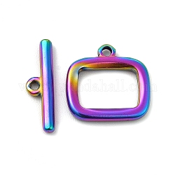 Ion Plating(IP) 304 Stainless Steel Toggle Clasps, Rectangle, Rainbow Color, Rectangle: 13.5x14x2mm, Hole: 1.4mm, 6.5x9.5mm inner diameter, Bar: 16.5x5x2mm, hole: 1.2mm